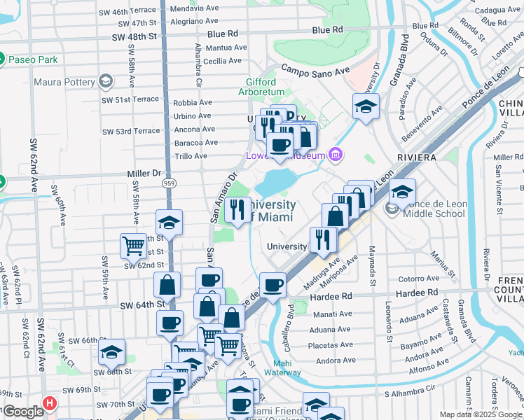 map of restaurants, bars, coffee shops, grocery stores, and more near Theo Dickinson Drive in Coral Gables