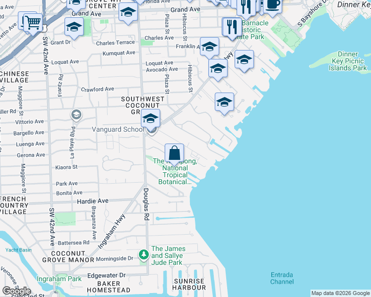 map of restaurants, bars, coffee shops, grocery stores, and more near 3564 Saint Gaudens Road in Miami
