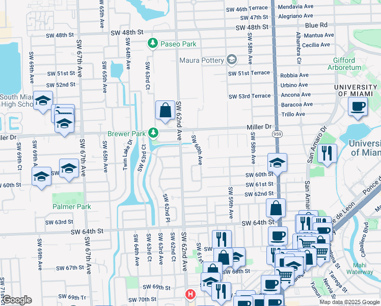 map of restaurants, bars, coffee shops, grocery stores, and more near 5701 Southwest 62nd Avenue in South Miami