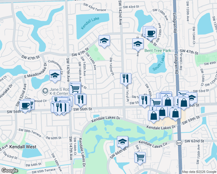 map of restaurants, bars, coffee shops, grocery stores, and more near 14259 Southwest 51st Street in Miami