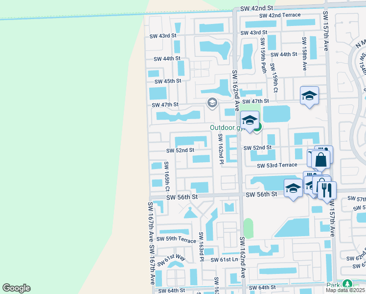 map of restaurants, bars, coffee shops, grocery stores, and more near 16444 Southwest 50th Terrace in Miami