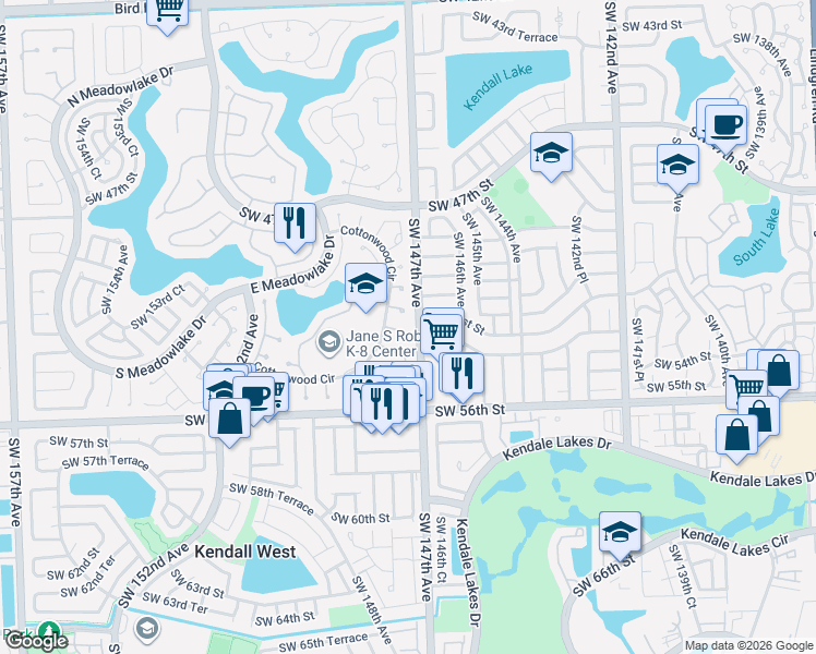 map of restaurants, bars, coffee shops, grocery stores, and more near 14730 Southwest 52nd Terrace in Miami