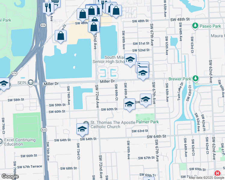 map of restaurants, bars, coffee shops, grocery stores, and more near 6990 Southwest 57th Street in Miami