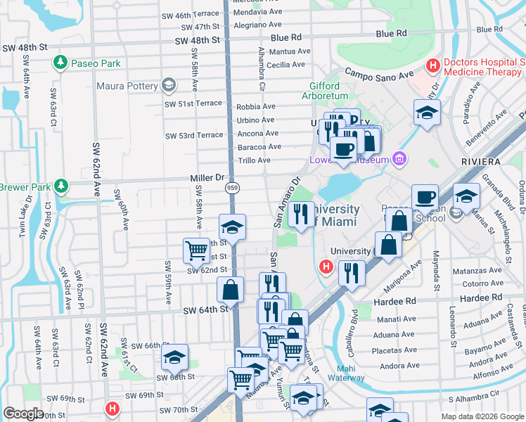 map of restaurants, bars, coffee shops, grocery stores, and more near 1514 Consolata Avenue in Coral Gables