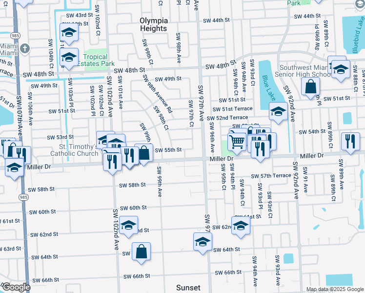 map of restaurants, bars, coffee shops, grocery stores, and more near 5401 Southwest 98th Court in Miami