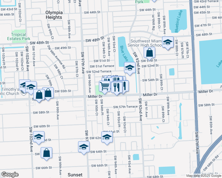 map of restaurants, bars, coffee shops, grocery stores, and more near 9421 Southwest 55th Street in Miami