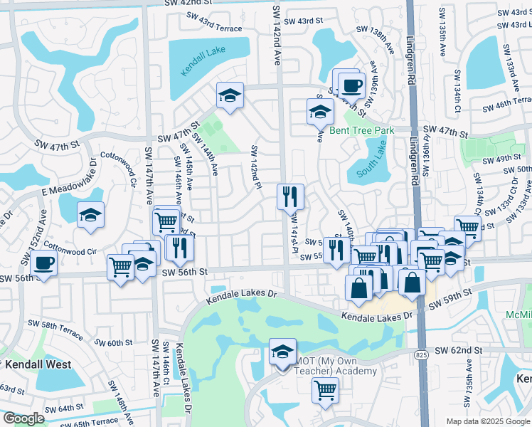 map of restaurants, bars, coffee shops, grocery stores, and more near 5130 Southwest 142nd Court in Miami
