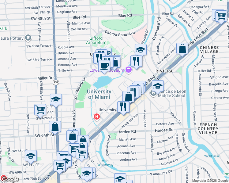 map of restaurants, bars, coffee shops, grocery stores, and more near 5501 George E Merrick Street in Coral Gables