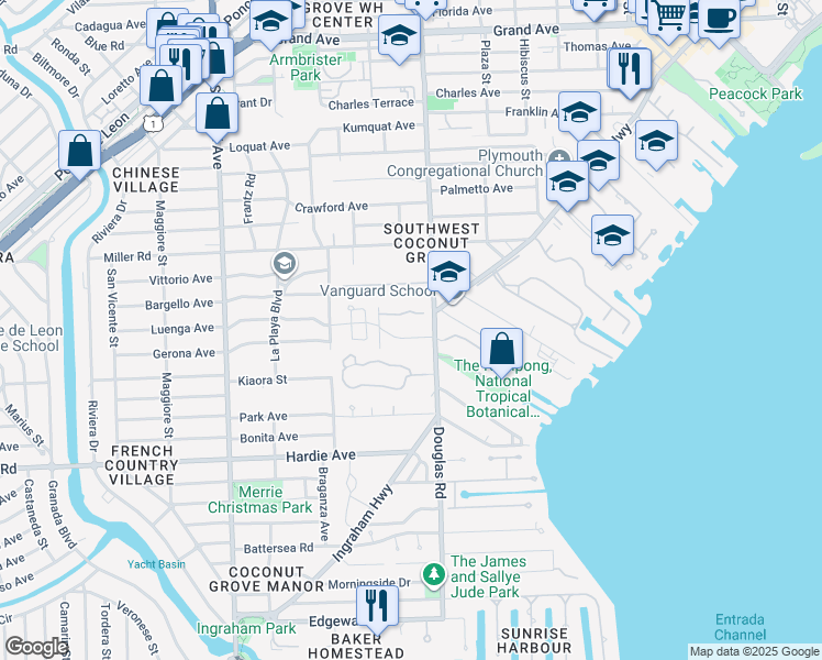 map of restaurants, bars, coffee shops, grocery stores, and more near 3730 De Garmo Lane in Miami
