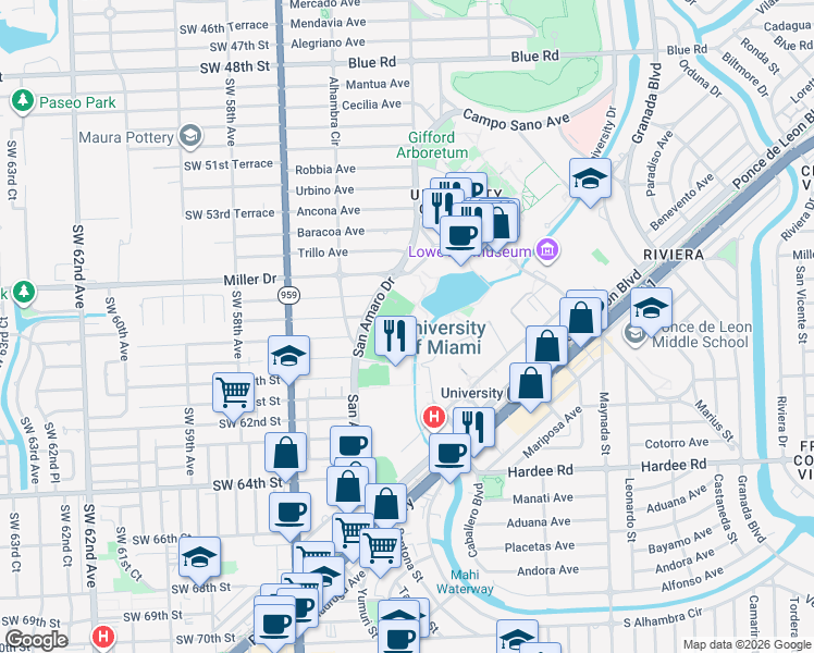 map of restaurants, bars, coffee shops, grocery stores, and more near in Coral Gables