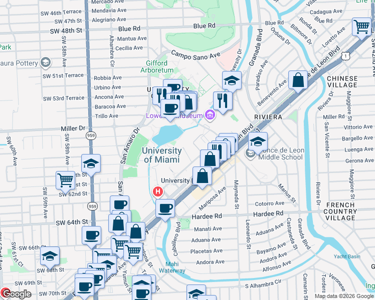 map of restaurants, bars, coffee shops, grocery stores, and more near 1204 Theo Dickinson Drive in Coral Gables