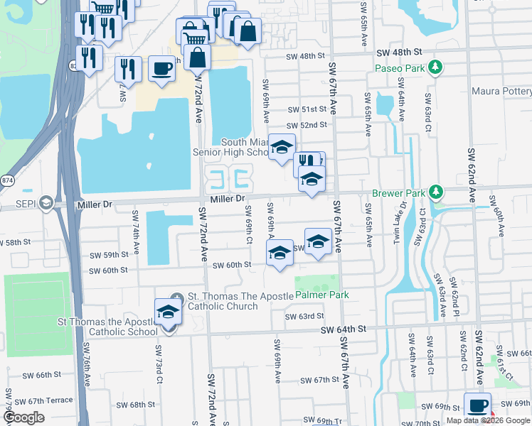 map of restaurants, bars, coffee shops, grocery stores, and more near 5625 Southwest 69th Court in Miami