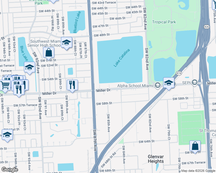 map of restaurants, bars, coffee shops, grocery stores, and more near 8485 Miller Drive in Miami