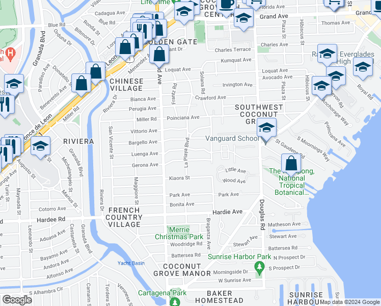 map of restaurants, bars, coffee shops, grocery stores, and more near 4086 El Prado Boulevard in Miami