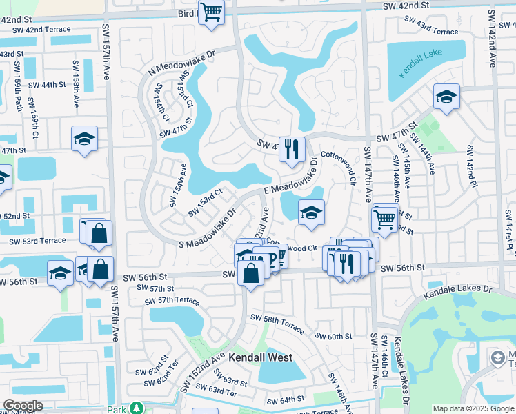 map of restaurants, bars, coffee shops, grocery stores, and more near 5126 Southwest 153rd Place North in Miami
