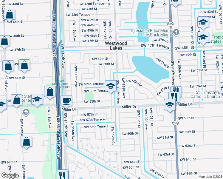 map of restaurants, bars, coffee shops, grocery stores, and more near 5301 Southwest 112th Court in Miami
