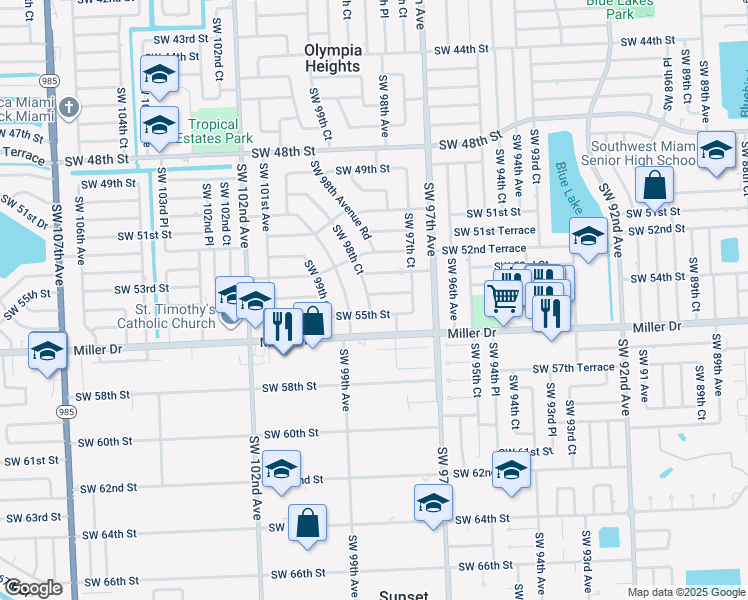 map of restaurants, bars, coffee shops, grocery stores, and more near 5401 SW 98th Ct in Miami