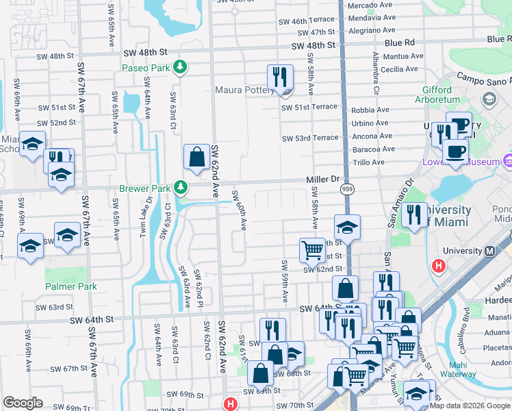 map of restaurants, bars, coffee shops, grocery stores, and more near 5700 Southwest 59th Place in South Miami