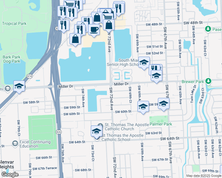 map of restaurants, bars, coffee shops, grocery stores, and more near 5685 Southwest 72nd Avenue in South Miami