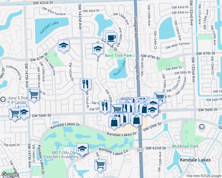 map of restaurants, bars, coffee shops, grocery stores, and more near 5218 Southwest 139th Place in Miami