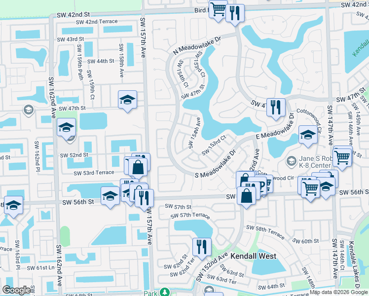 map of restaurants, bars, coffee shops, grocery stores, and more near 5025 Southwest 154th Avenue in Miami