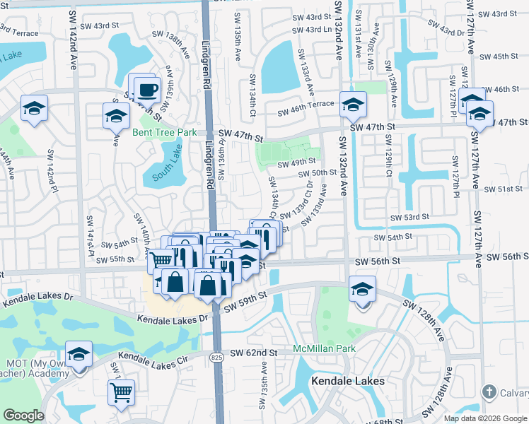 map of restaurants, bars, coffee shops, grocery stores, and more near 4917 Southwest 135th Court in Miami