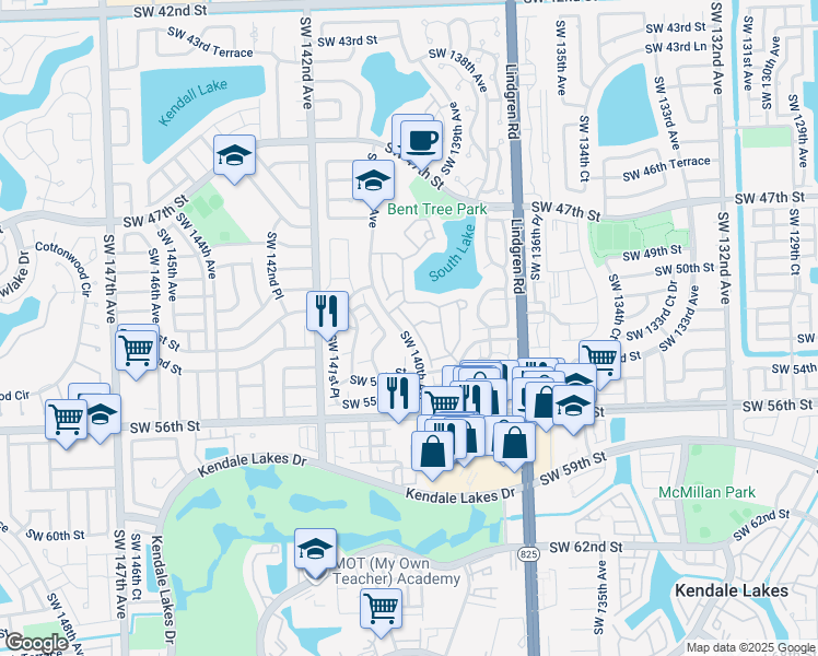 map of restaurants, bars, coffee shops, grocery stores, and more near 5218 Southwest 139th Place in Miami