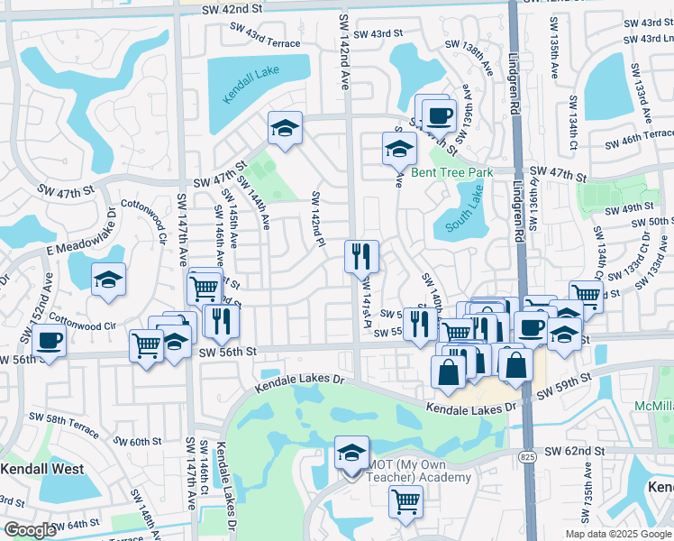 map of restaurants, bars, coffee shops, grocery stores, and more near 5130 Southwest 142nd Court in Miami