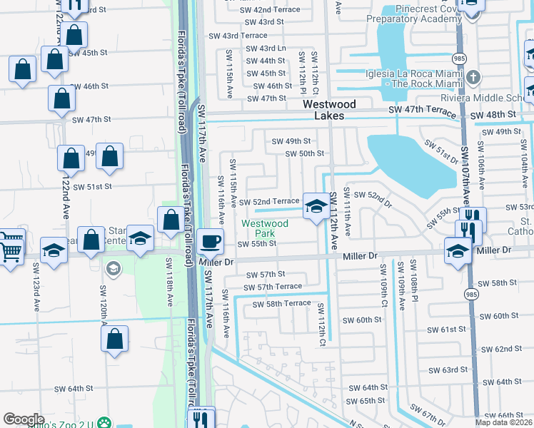 map of restaurants, bars, coffee shops, grocery stores, and more near 11401 Southwest 53rd Terrace in Miami