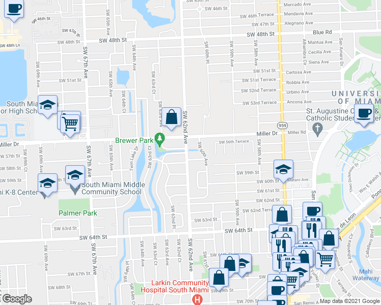 map of restaurants, bars, coffee shops, grocery stores, and more near 5701 Southwest 62nd Avenue in South Miami