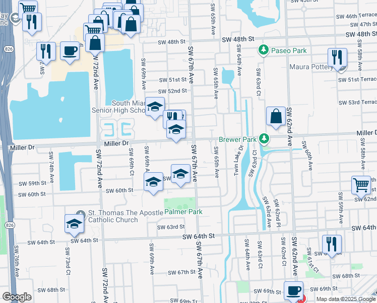 map of restaurants, bars, coffee shops, grocery stores, and more near 5700 Southwest 67th Avenue in South Miami