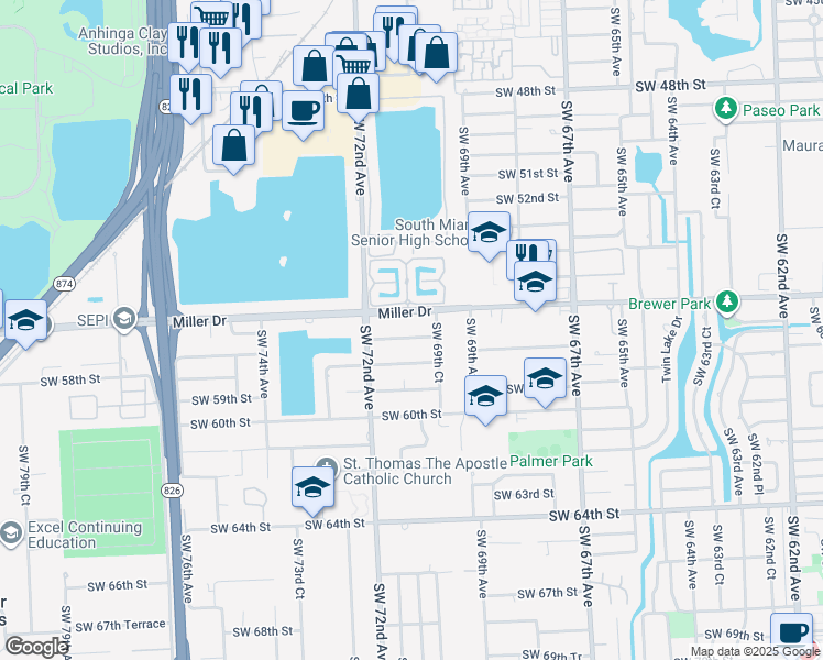 map of restaurants, bars, coffee shops, grocery stores, and more near 7001 Southwest 57th Street in Miami