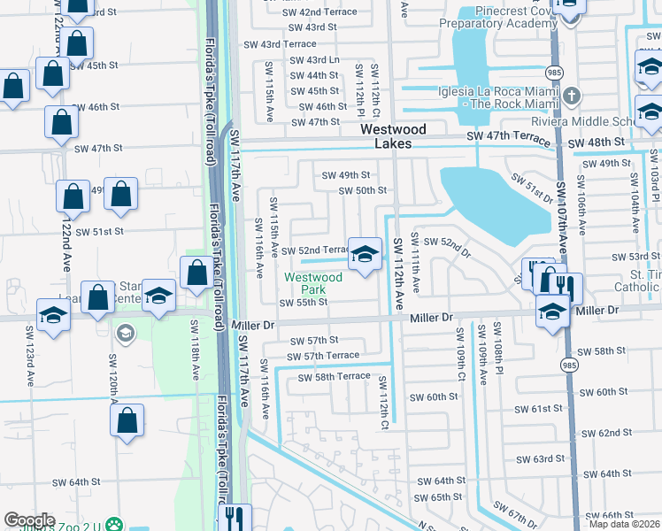 map of restaurants, bars, coffee shops, grocery stores, and more near 11401 Southwest 53rd Terrace in Miami