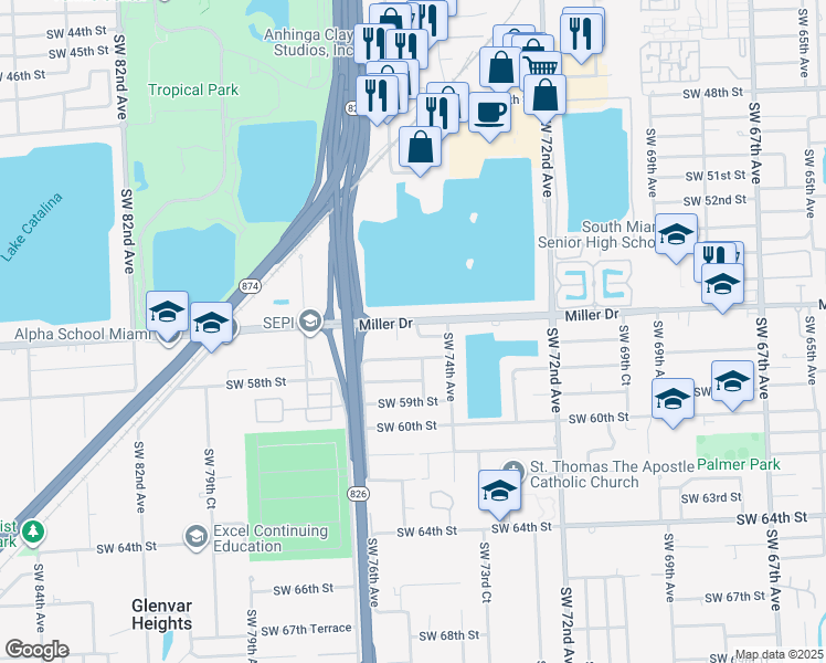 map of restaurants, bars, coffee shops, grocery stores, and more near 5600 Southwest 74th Court in Miami