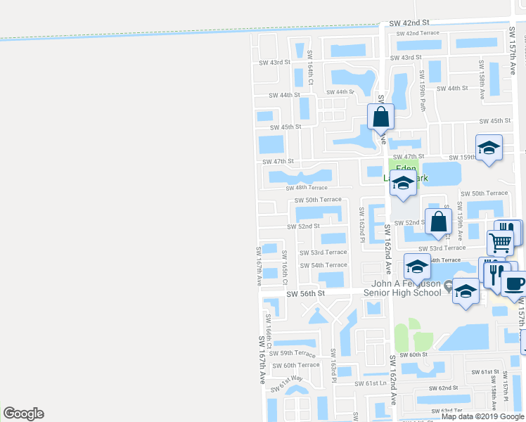 map of restaurants, bars, coffee shops, grocery stores, and more near 16635 Southwest 51st Terrace in Miami