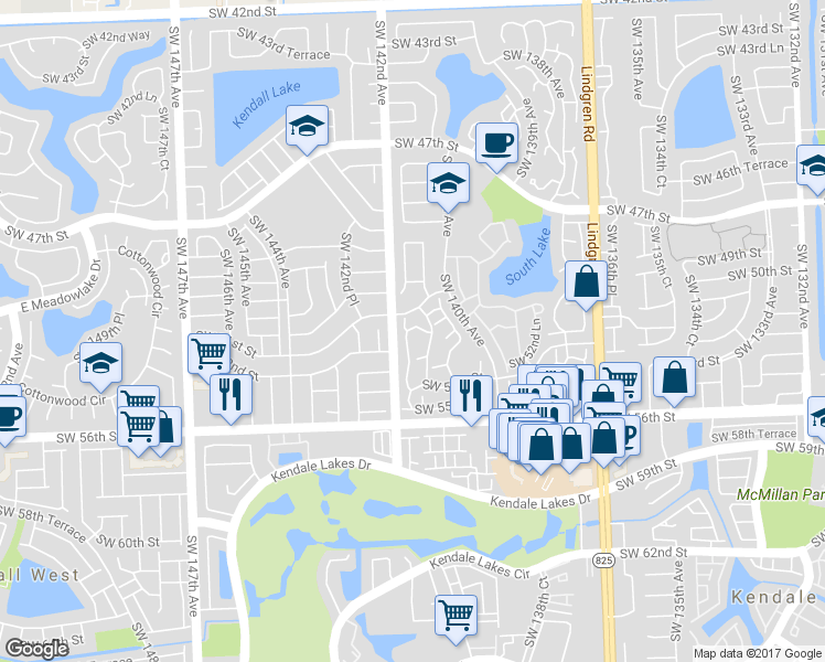 map of restaurants, bars, coffee shops, grocery stores, and more near 14110 Southwest 52nd Street in Miami