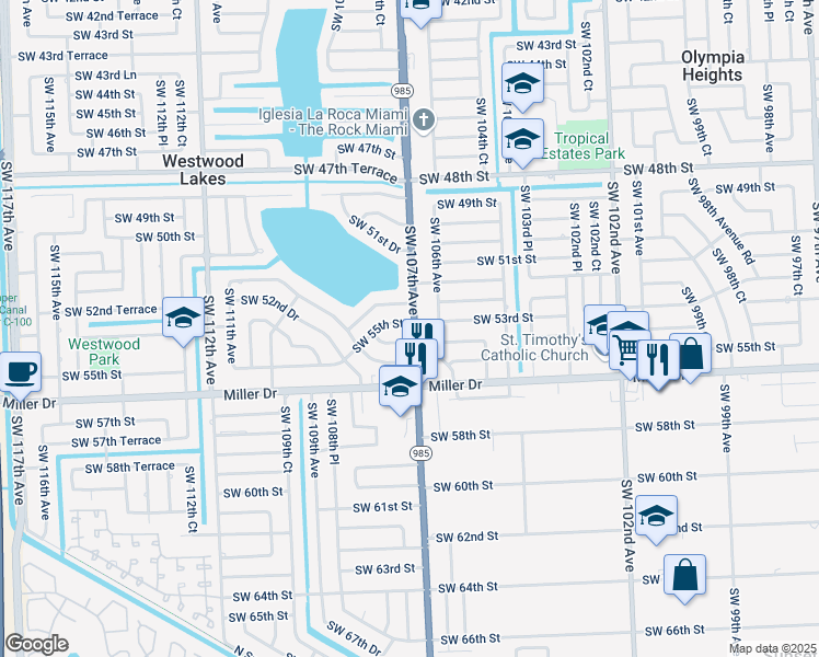 map of restaurants, bars, coffee shops, grocery stores, and more near 10710 Southwest 55th Street in Miami