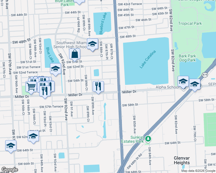 map of restaurants, bars, coffee shops, grocery stores, and more near 8790 Southwest 54th Terrace in Miami