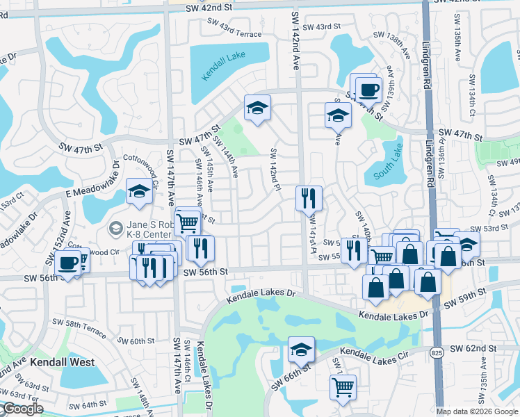 map of restaurants, bars, coffee shops, grocery stores, and more near 14259 Southwest 51st Street in Miami