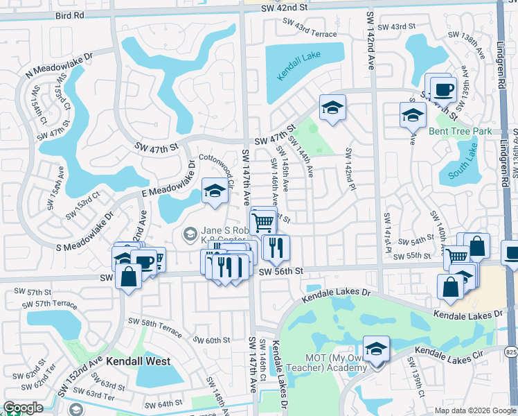 map of restaurants, bars, coffee shops, grocery stores, and more near 14623 Southwest 51st Street in Miami