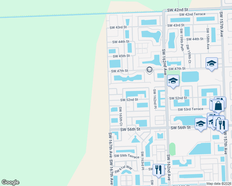 map of restaurants, bars, coffee shops, grocery stores, and more near 16635 Southwest 51st Terrace in Miami