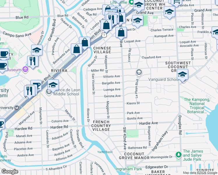 map of restaurants, bars, coffee shops, grocery stores, and more near 5611 Maggiore Street in Coral Gables