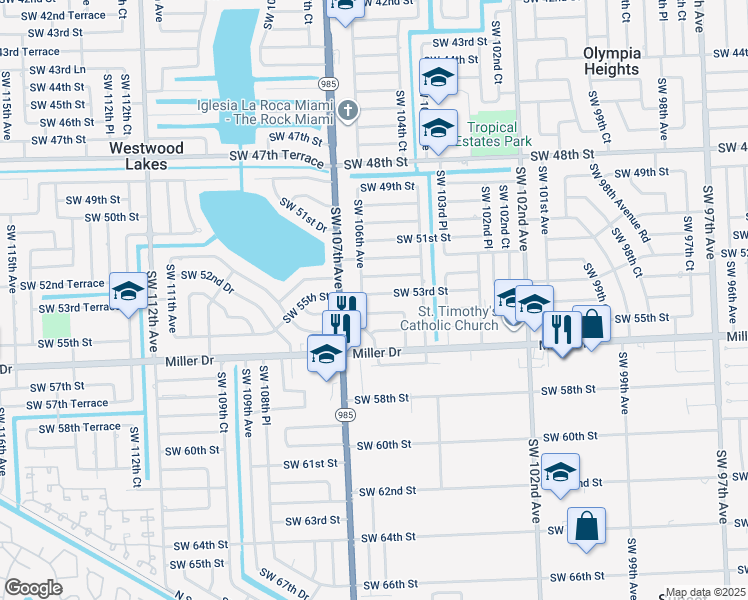 map of restaurants, bars, coffee shops, grocery stores, and more near 10530 Southwest 53rd Street in Miami