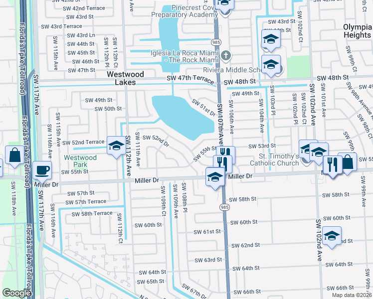 map of restaurants, bars, coffee shops, grocery stores, and more near 10850 Westwood Lake Drive in Miami