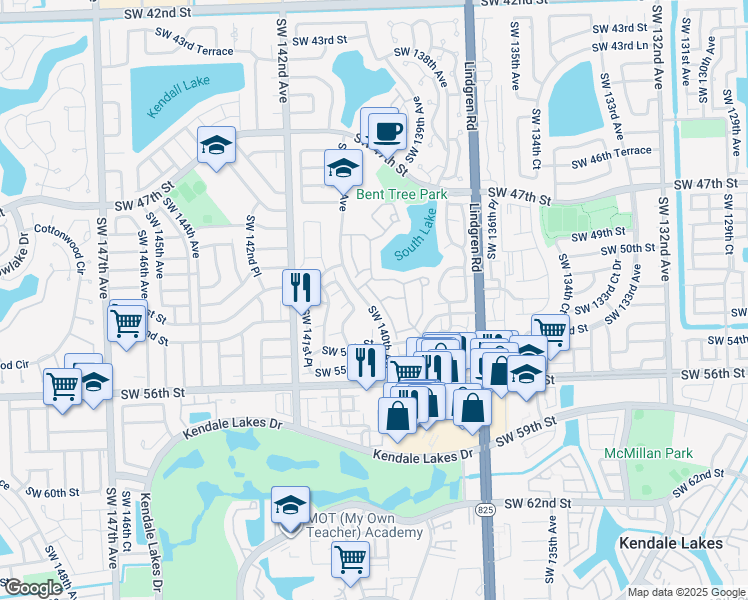 map of restaurants, bars, coffee shops, grocery stores, and more near 5218 Southwest 139th Place in Miami
