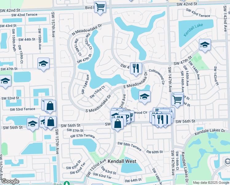 map of restaurants, bars, coffee shops, grocery stores, and more near 5126 Southwest 153rd Place North in Miami