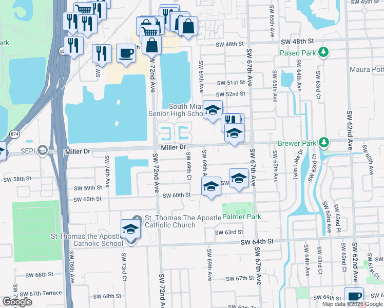 map of restaurants, bars, coffee shops, grocery stores, and more near 5625 SW 69th Ct in Miami