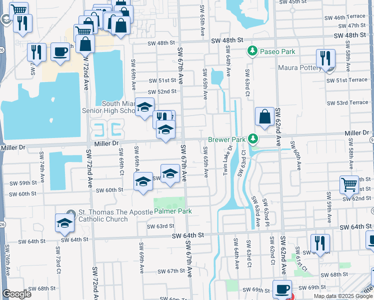 map of restaurants, bars, coffee shops, grocery stores, and more near 5700 Southwest 67th Avenue in South Miami