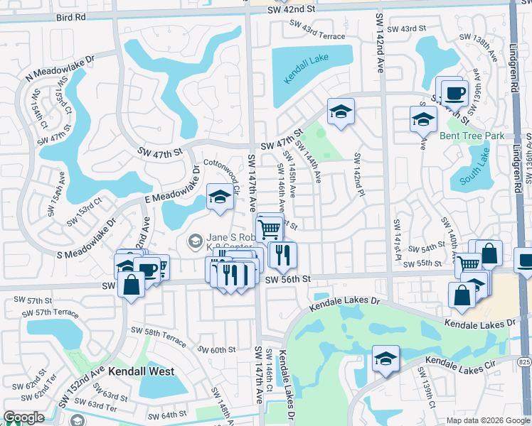 map of restaurants, bars, coffee shops, grocery stores, and more near 14623 Southwest 51st Street in Miami