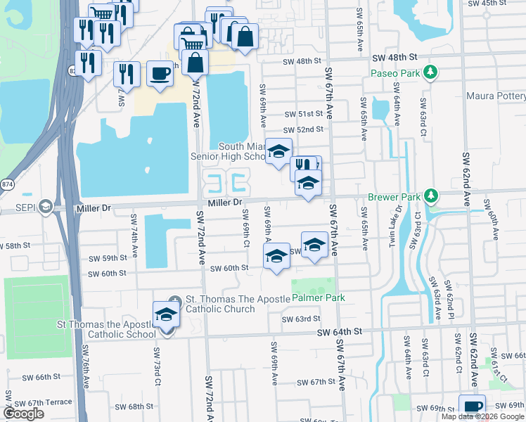 map of restaurants, bars, coffee shops, grocery stores, and more near 5625 Southwest 69th Court in Miami